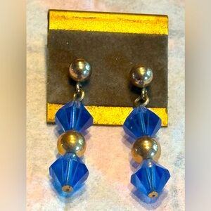 Blue crystal dangle bead earrings w/ 14k gold ball posts & backings
